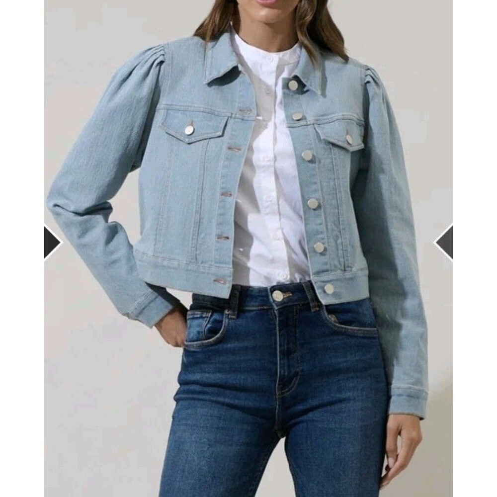 Sugarlips Ameya Conway Cropped Denim Jacket Women's S Blue Puff Shoulder NWT
